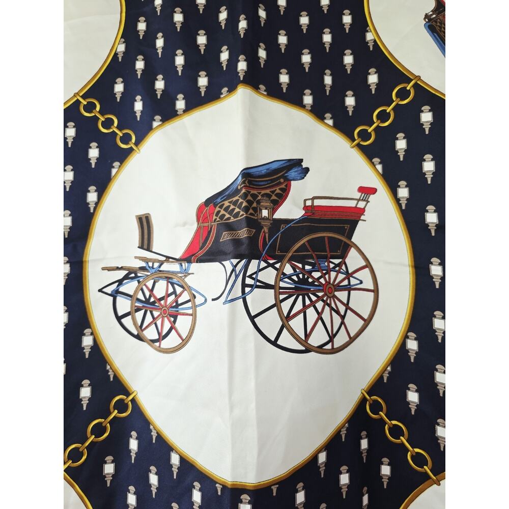 Vintage CELINE Large Scarf Navy Off-White Multi Carriage Pattern Silk Old Money - Picture 2 of 9
